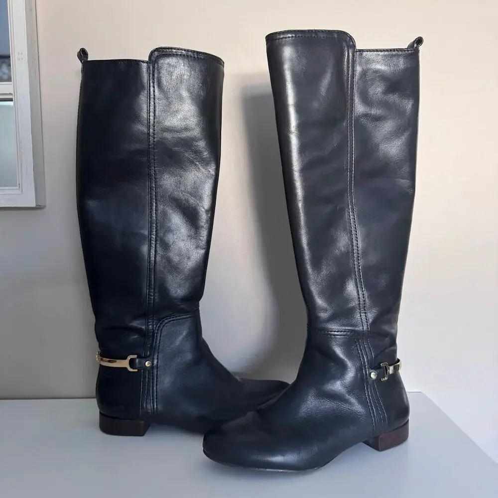 Tory Burch Tall Black Leather Riding Boots Horsebit Heel Logo Hardware Size 5